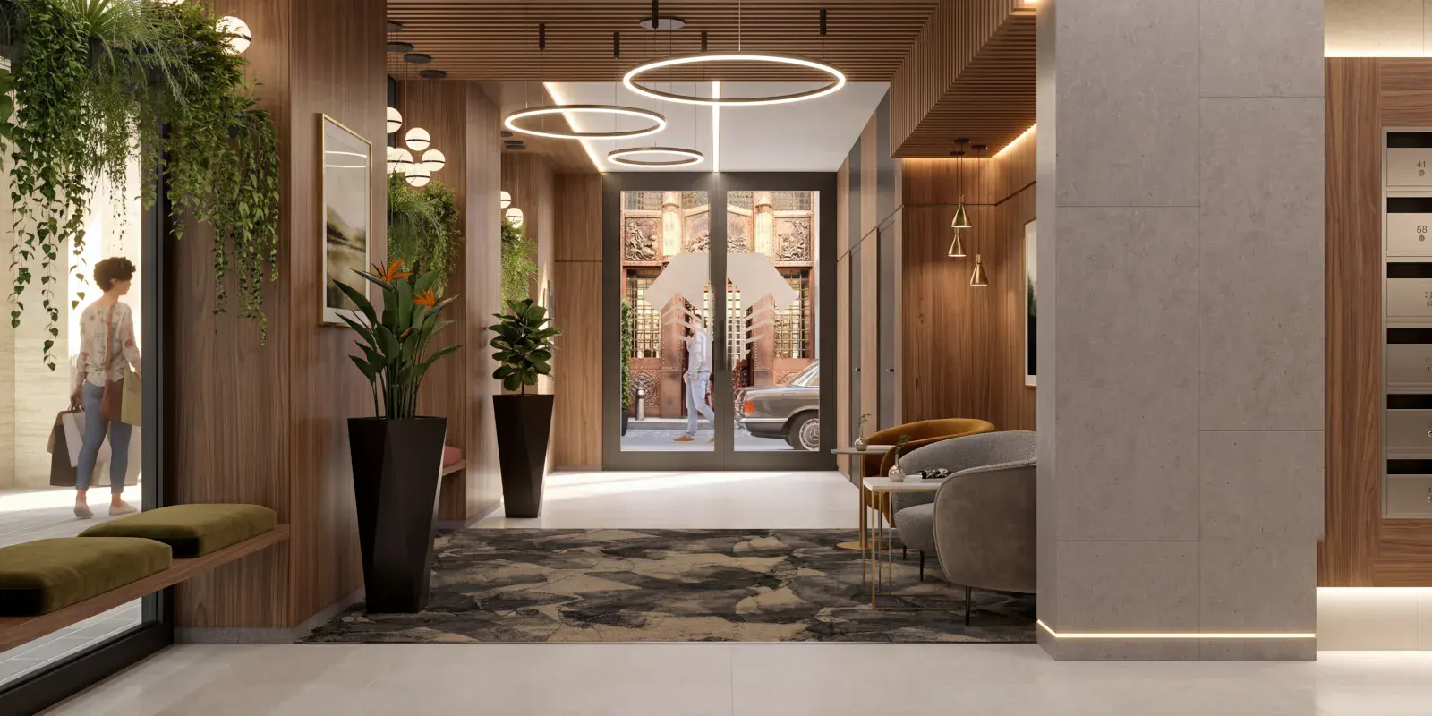 Elegáns társasházi lobby meleg fa burkolatokkal, kör alakú mennyezeti világítással, beltéri növényekkel, lounge ülőbútorokkal és utcafronti üvegbejárattal