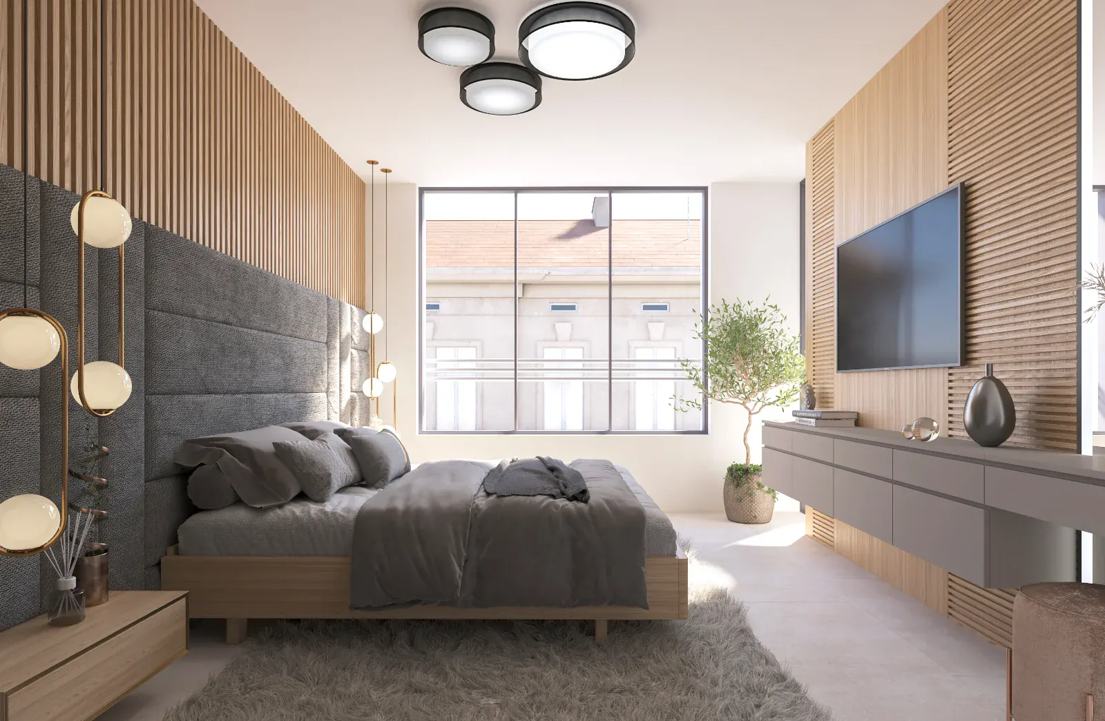 Világos, modern hálószoba fa falburkolatokkal, kárpitozott ágyvéggel, nagy ablakkal, beépített médiabútorral és lágy, neutrális berendezéssel