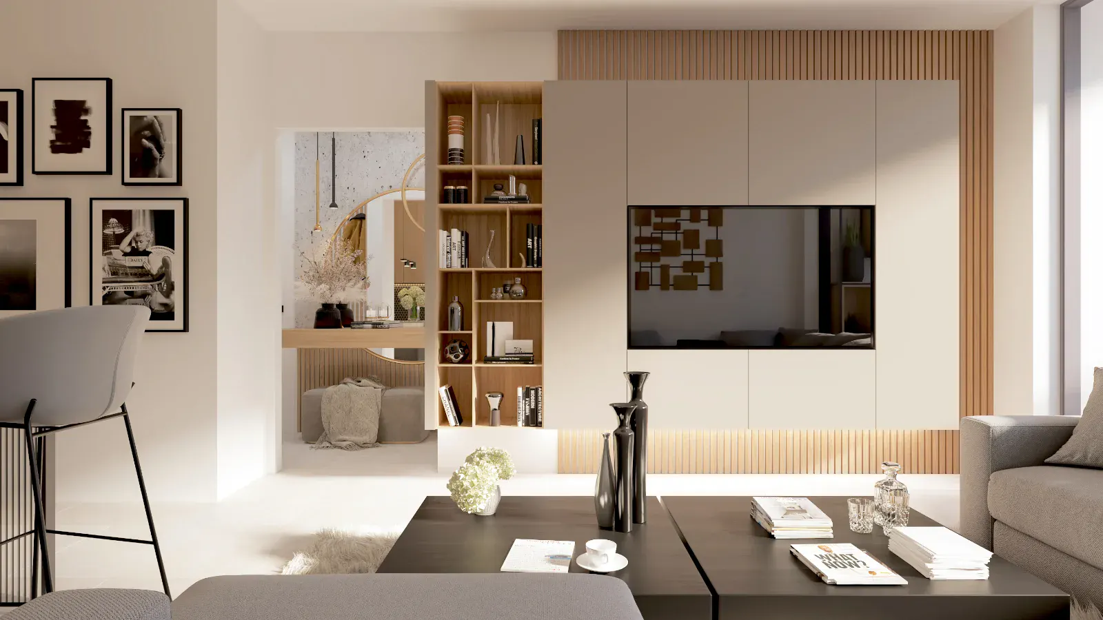 Kortárs nappali beépített médiafallal, nyitott polcrendszerrel, meleg fa részletekkel és lágy, neutrális enteriőrrel