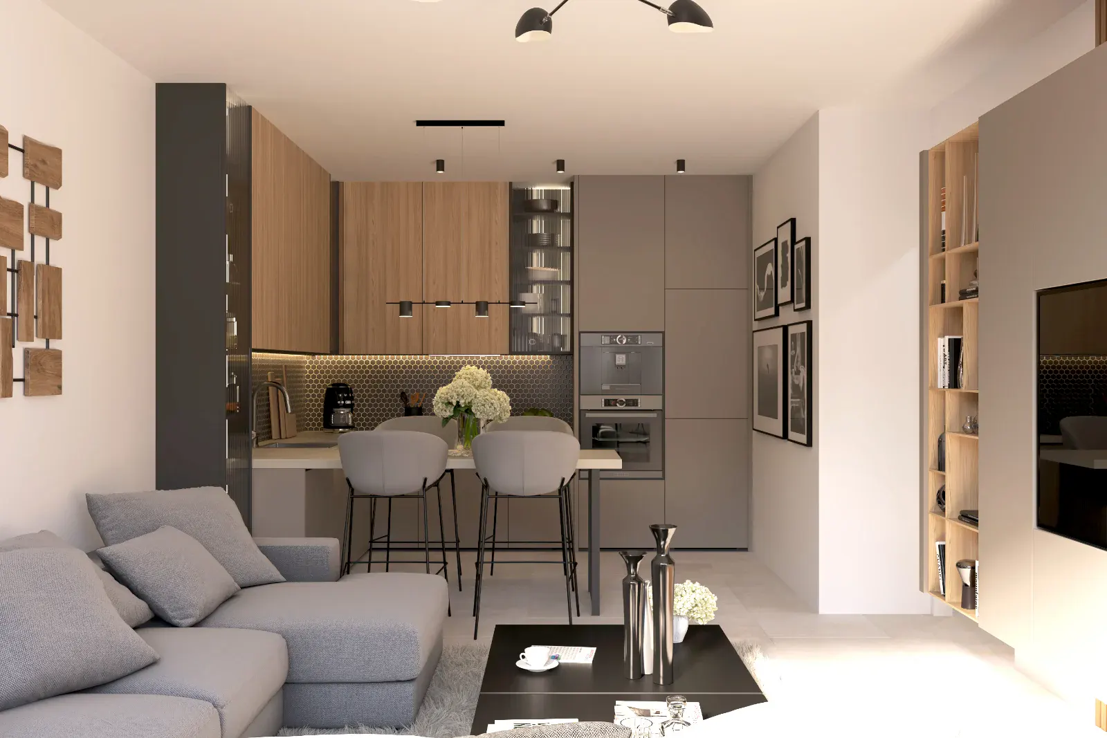 Nyitott elrendezésű nappali modern konyhával, reggelizőpulttal, beépített gépekkel, meleg fa felületekkel és lágy, neutrális enteriőrrel